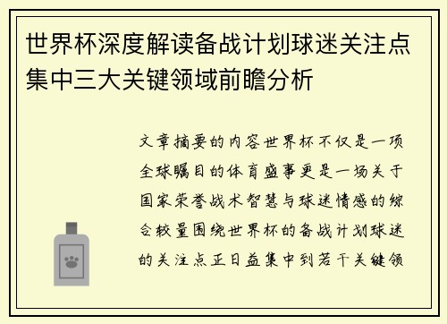 世界杯深度解读备战计划球迷关注点集中三大关键领域前瞻分析