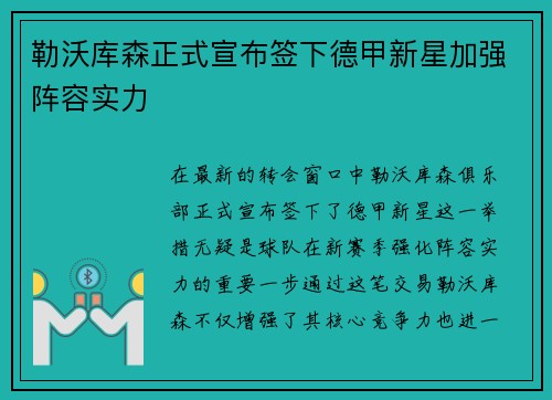 勒沃库森正式宣布签下德甲新星加强阵容实力